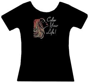 Black tee, colored crystals 